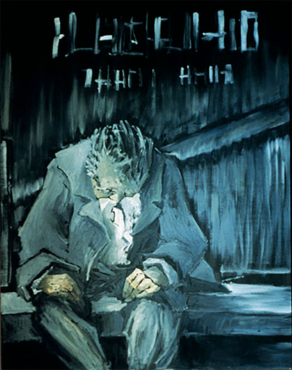 Uomo in metrò n.2, cm 200x140, olio su tavola, 1989
