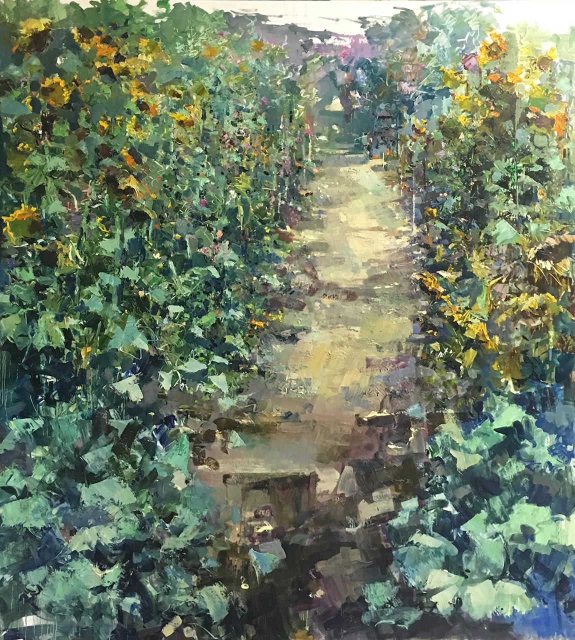 Sentiero di girasoli, cm 175x160, olio su tela, 2017