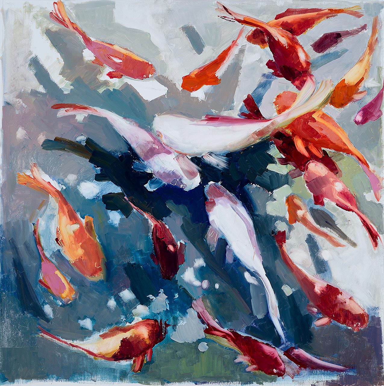 Pesci rossi, viola, bianchi, cm 100x100, olio su tela, 2019