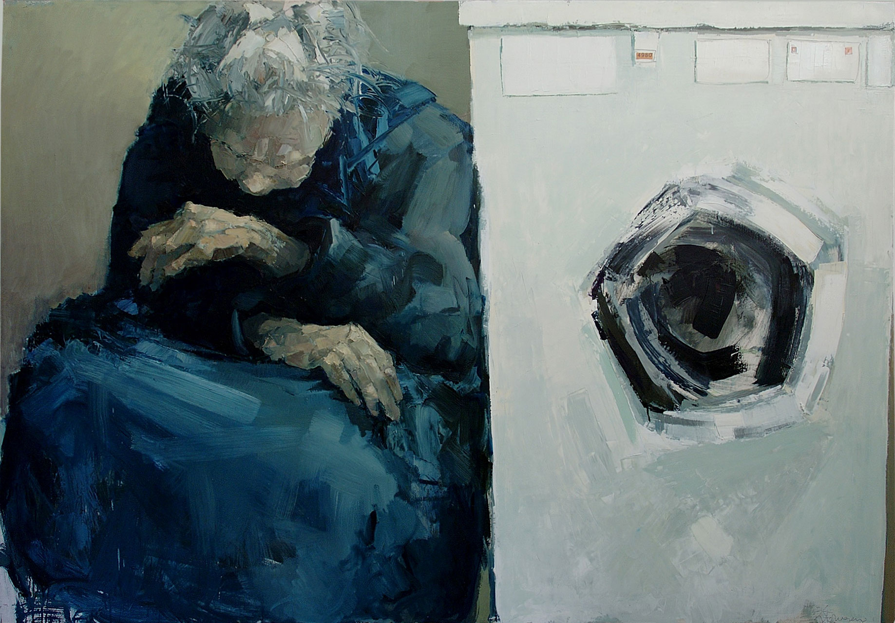 Margherita e la lavatrice, cm 110x160, olio su tavola, 2010